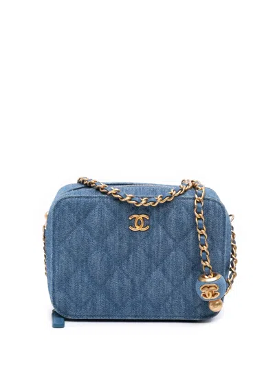 Pre-owned Chanel 2021 Quilted Denim Pearl Crush Camera Bag Crossbody Bag In Blue