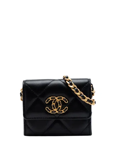 Pre-owned Chanel 2021 Quilted Lambskin 19 Flap Coin Purse With Chain Crossbody Bag In Black