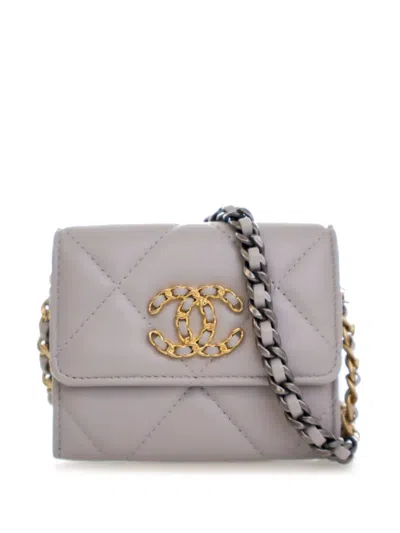 Pre-owned Chanel 2021 Quilted Lambskin 19 Flap Coin Purse With Chain Crossbody Bag In Gray