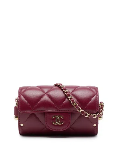 Pre-owned Chanel 2021 Quilted Lambskin Box Of Secrets Card Holder With Chain Crossbody Bag In Red