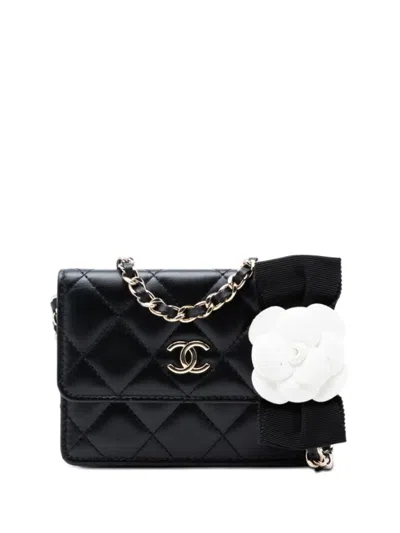 Pre-owned Chanel 2021 Quilted Lambskin Camellia Bow Card Holder On Chain Crossbody Bag In Black