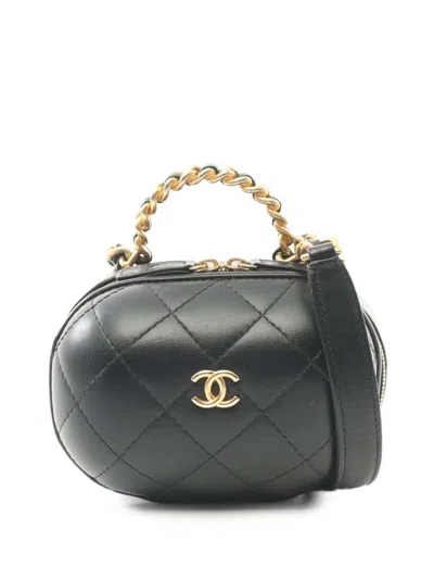 Pre-owned Chanel 2021 Quilted Lambskin Cc Bubble Vanity Case With Chain Satchel In Black