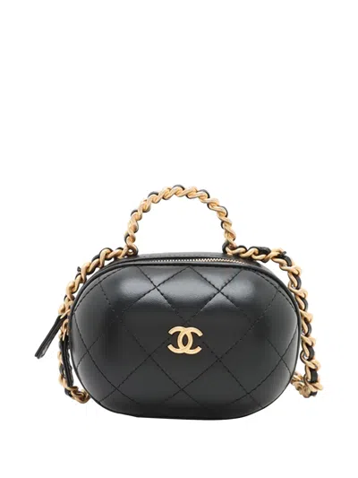 Pre-owned Chanel 2021 Quilted Lambskin Cc Bubble Vanity Case With Chain Satchel In Black
