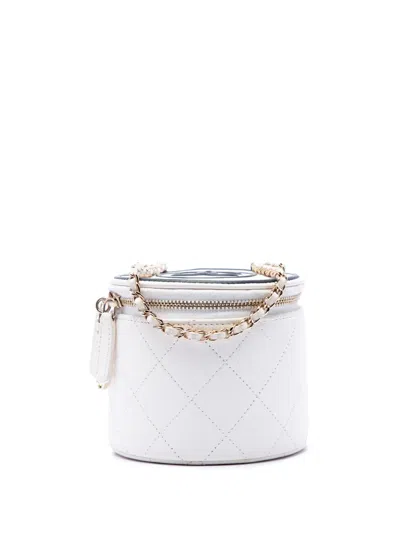 Pre-owned Chanel 2021 Quilted Lambskin Chain And Charm Vanity Case Crossbody Bag In White