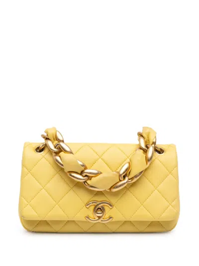 Pre-owned Chanel 2021 Quilted Lambskin Chain Is More Flap Satchel In Yellow