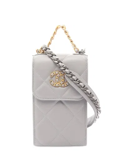 Pre-owned Chanel 2021 Quilted Lambskin  19 Phone Holder Crossbody Bag In Gray