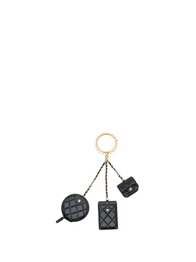 Pre-owned Chanel 2021 Quilted Lambskin Pearl Crown Cc Wristlet Multi Pouches Clutch Bag In Black