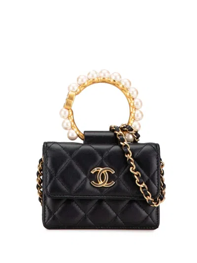 Pre-owned Chanel 2021 Quilted Lambskin Pearl Crown Clutch On Chain Satchel In Black