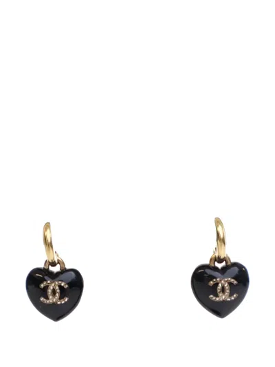 Pre-owned Chanel 2021 Resin Crystal Cc Heart Drop Push Back Earrings Costume Earrings In Black