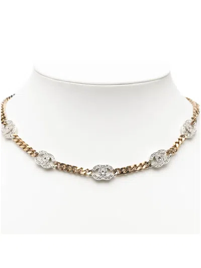 Pre-owned Chanel 2021 Silver Plated Rhinestone Cc Choker Necklace Costume Necklace