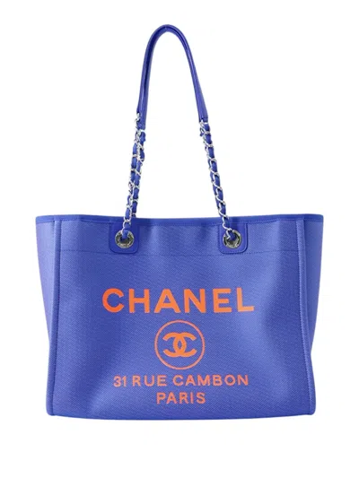 Pre-owned Chanel 2021 Small Canvas Deauville Tote Bag In Purple