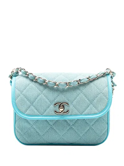 Pre-owned Chanel 2021 Small Cc Quilted Denim Messenger Flap Crossbody Bag In Blue