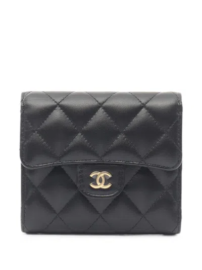 Pre-owned Chanel 2021 Small Flap Quilted Trifold Wallet In Black