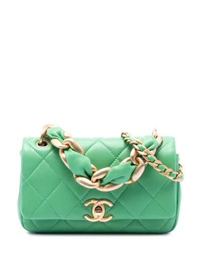 Pre-owned Chanel 2021 Small Quilted Lambskin Chain Is More Flap Satchel In Green