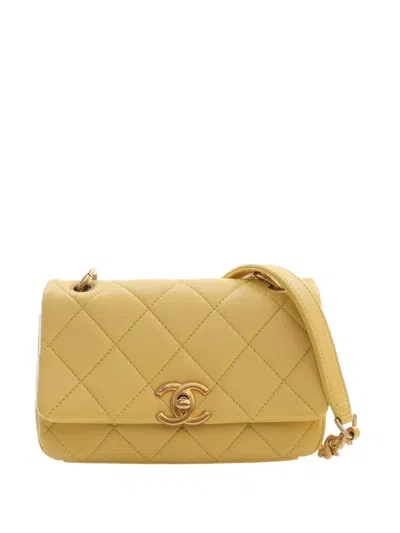 Pre-owned Chanel 2021 Small Quilted Lambskin Chain Is More Flap Satchel In Yellow
