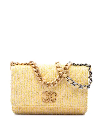 Pre-owned Chanel 2021 Tweed 19 Wallet On Chain Satchel In Yellow