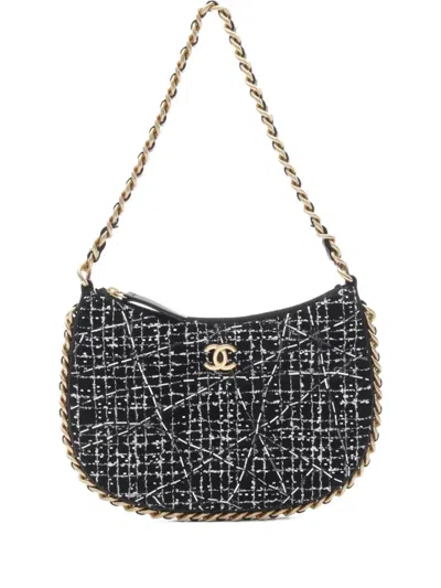 Pre-owned Chanel 2021 Tweed Chain Shoulder Bag In Black