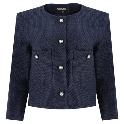 Pre-owned Chanel 2021 Wool Jacket With 'cc' Logo Detail Crystal Buttons In Black