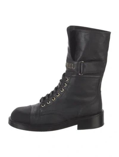 Pre-owned Chanel 2021-2022 Leather Combat Boots In Black