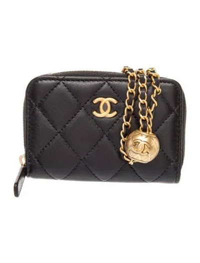 Pre-owned Chanel 2021-2022 Pearl Crush Card Holder Coin Pouch In Black