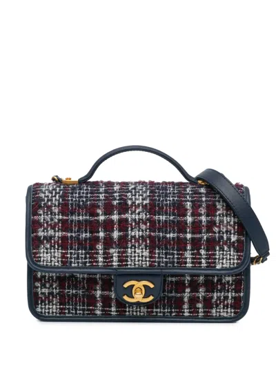 Pre-owned Chanel 2021-2023 Small Tweed School Memory Top Handle Flap Satchel In Blue