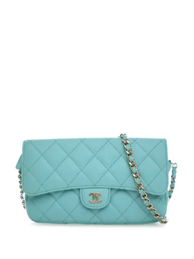 Pre-owned Chanel 2021-2025 Cc Quilted Caviar Flap Phone Holder Wallet On Chain Crossbody Bag In Blue