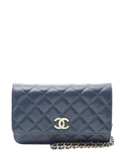Pre-owned Chanel 2021-2025 Cc Quilted Caviar Wallet On Chain Crossbody Bag In Blue