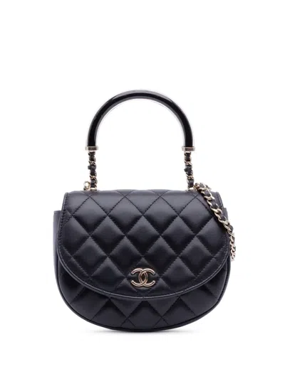 Pre-owned Chanel 2021-2025 Cc Quilted Lambskin Half Moon Top Handle Flap Satchel In Black