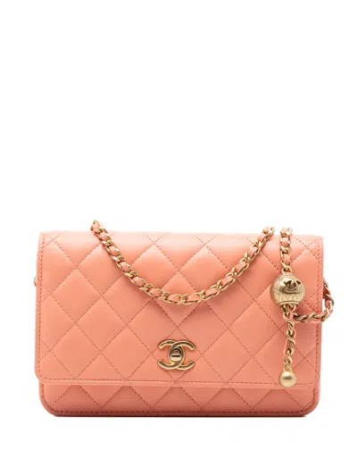 Pre-owned Chanel 2021-2025 Cc Quilted Lambskin Pearl Crush Wallet On Chain Crossbody Bag In Orange