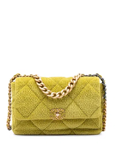 Pre-owned Chanel 2021-2025 Large Corduroy 19 Flap Satchel In Green