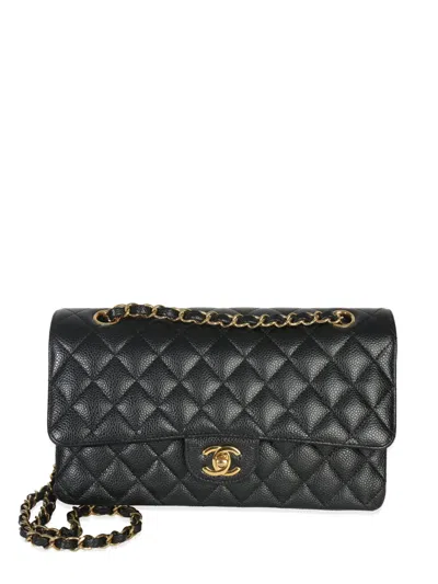 Pre-owned Chanel 2021-2025 Medium Classic Double Flap Quilted Caviar Shoulder Bag In Black