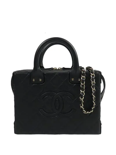 Pre-owned Chanel 2021-2025 Medium Quilted Calfskin Studded Square Vanity Case Satchel In Black