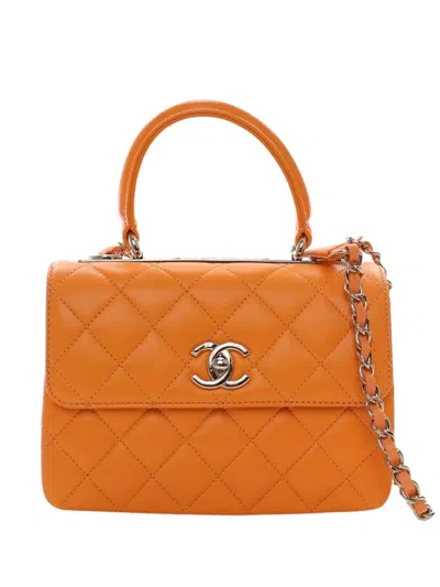 Pre-owned Chanel 2021-2025 Mini Quilted Lambskin Trendy Cc Top Handle Flap Satchel In Orange