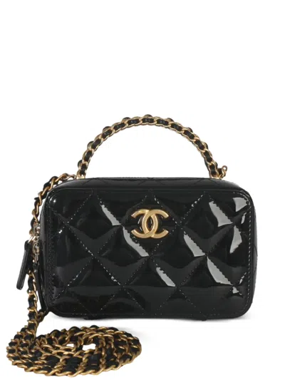 Pre-owned Chanel 2021-2025 Mini Quilted Patent-leather Tote Bag In Black