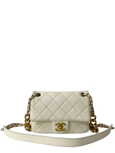 Pre-owned Chanel 2021-2025 Mini Quilted Shiny Lambskin Dual Chain Flap Crossbody Bag In White