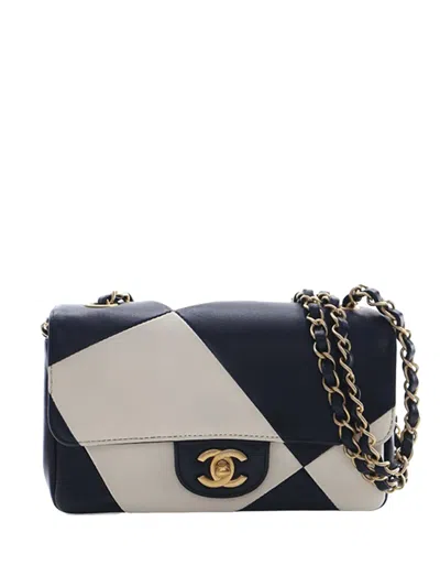 Pre-owned Chanel 2021-2025 Mini Rectangular Classic Lambskin Geometric Patchwork Single Flap Crossbody Bag In Black