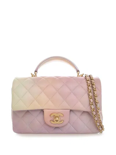 Pre-owned Chanel 2021-2025 Mini Rectangular Classic Ombre Lambskin Top Handle Flap Satchel In Pink