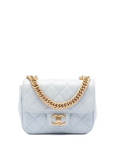 Pre-owned Chanel 2021-2025 Mini Square Grained Calfskin Chain Flap Crossbody Bag In Blue