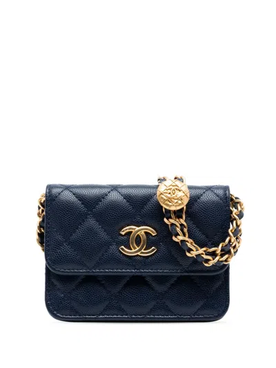Pre-owned Chanel 2021-2025 Quilted Caviar Twist Your Buttons Coin Purse With Chain Crossbody Bag In Blue