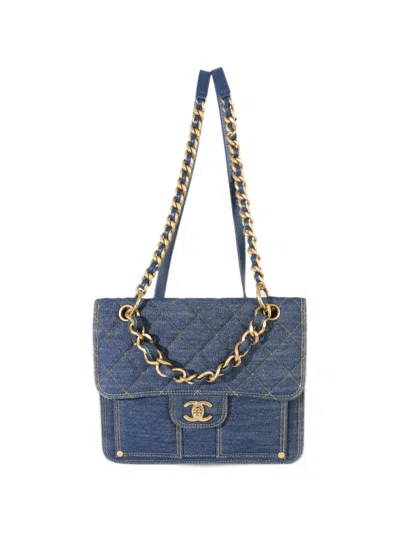 Pre-owned Chanel 2021-2025 Quilted Denim Backpack In Blue