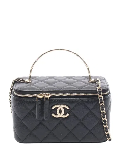 Pre-owned Chanel 2021-2026 Cc Caviar Top Handle Vanity Case With Chain Satchel In Black