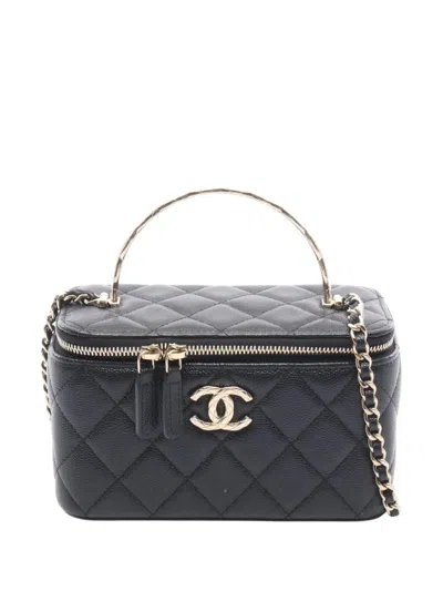 Pre-owned Chanel 2021-2026 Cc Caviar Top Handle Vanity Case With Chain Satchel In Black