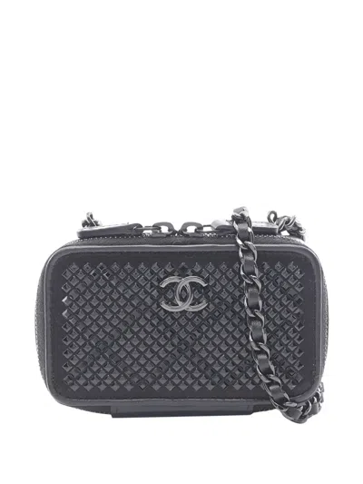Pre-owned Chanel 2021-2026 Cc Lambskin Satin Strass Studded So Black Clutch With Chain Crossbody Bag