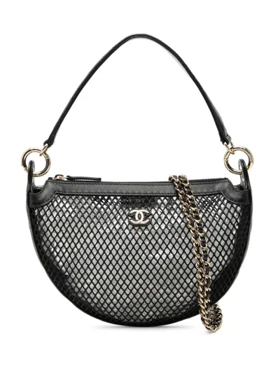 Pre-owned Chanel 2021-2026 Cc Mesh And Quilted Shiny Lambskin Chain Hobo Satchel In Black
