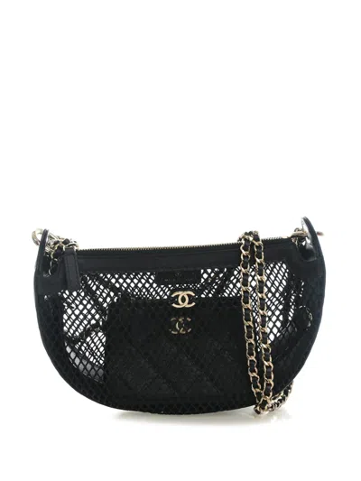 Pre-owned Chanel 2021-2026 Cc Mesh And Quilted Shiny Lambskin Chain Hobo Satchel In Black