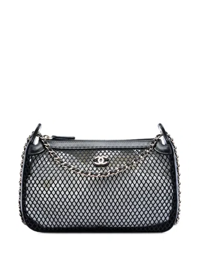 Pre-owned Chanel 2021-2026 Cc Mesh And Shiny Lambskin Clutch With Chain Shoulder Bag In Black