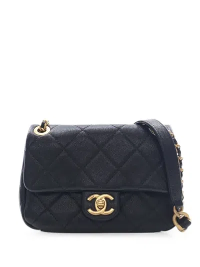 Pre-owned Chanel 2021-2026 Cc Mini Square Quilted Caviar Single Flap Crossbody Bag In Black