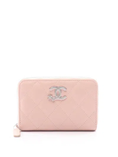 Pre-owned Chanel 2021-2026 Cc Quilted Calfskin Star Zip Wallet Small Wallets In Pink
