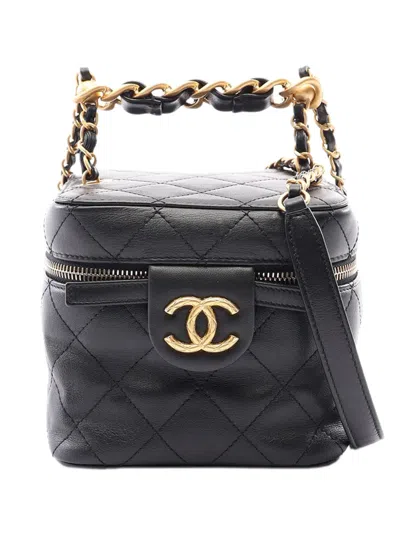 Pre-owned Chanel 2021-2026 Cc Quilted Calfskin Vanity Case With Chain Satchel In Black