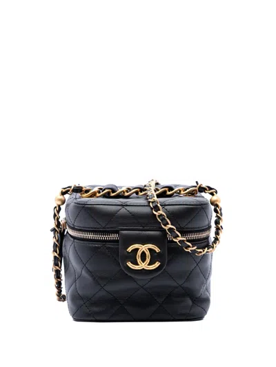 Pre-owned Chanel 2021-2026 Cc Quilted Calfskin Vanity Case With Chain Satchel In Black